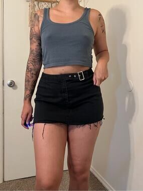 Black Distressed Hem Denim Mini Skirt with Buckle